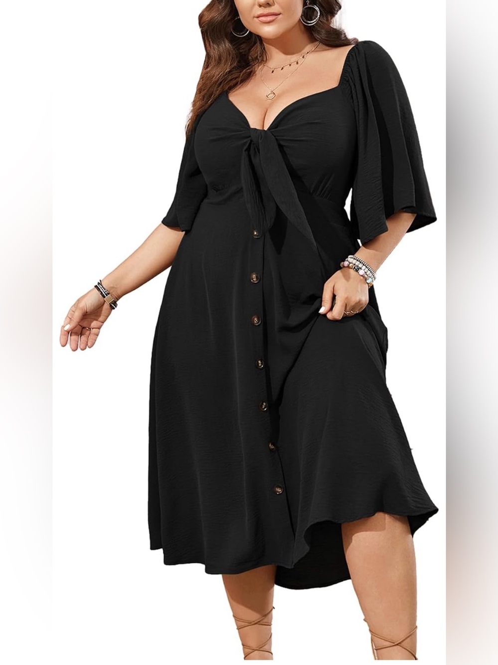 Black Tie-Front Midi Dress with Flutter Sleeves